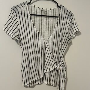 Lucky Brand 100% Cotton Wrap White and Black Striped Coastal Lagenlook Blouse